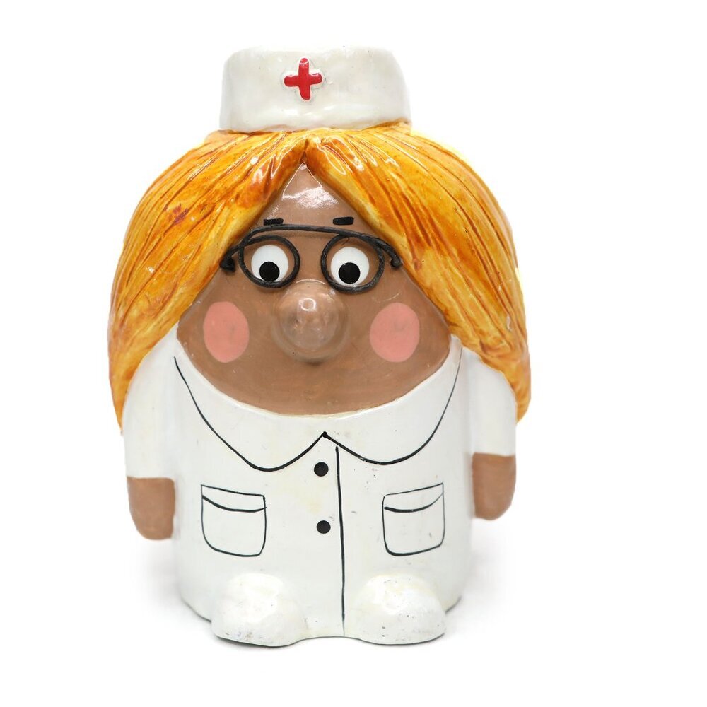 Vintage 1978 Enesco Ceramic Nurse Coin Bank Cartoon Style Healthcare Worker